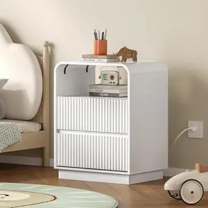 Dresser with 2 Drawers and Charging Station, Fluted Bedside Table with Round Curved Corner, Hidden Handles, 2 AC Outlets and 2 USB Ports, Modern Wood End Table with Open Shelf for Bedroom Dresser with 2 Drawers and Charging Station, Fluted Bedside Table with Round Curved Corner, Hidden Handles, 2 AC Outlets and 2 USB Ports, Modern Wood End Table with Open Shelf for Bedroom