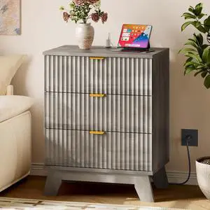 30.5" Nightstand with Charging Station, 3-Drawer Fluted Bedroom Chest, Wood Bedside Dresser with Power Outlets and USB Ports, Metal Slides, Stable Base, Modern Storage Cabinet for Small Spaces 30.5" Nightstand with Charging Station, 3-Drawer Fluted Bedroom Chest, Wood Bedside Dresser with Power Outlets and USB Ports, Metal Slides, Stable Base, Modern Storage Cabinet for Small Spaces