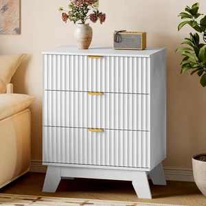 Fluted 3 Drawer Dresser, 30.3" Tall Compact Modern Boho Chest of Drawers, Wooden Storage Cabinet for Bedroom, Living Room, Entryway, Curved Profile Design Fluted 3 Drawer Dresser, 30.3" Tall Compact Modern Boho Chest of Drawers, Wooden Storage Cabinet for Bedroom, Living Room, Entryway, Curved Profile Design