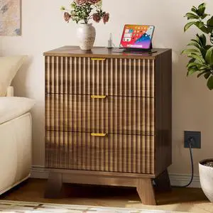 30.5" Nightstand with Charging Station, 3-Drawer Fluted Bedroom Chest, Wood Bedside Dresser with Power Outlets and USB Ports, Stable Base, Modern Storage Cabinet for Small Spaces 30.5" Nightstand with Charging Station, 3-Drawer Fluted Bedroom Chest, Wood Bedside Dresser with Power Outlets and USB Ports, Stable Base, Modern Storage Cabinet for Small Spaces
