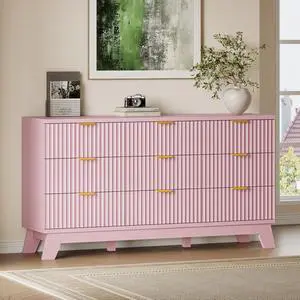 Fluted 9 Drawer Dresser, 57.1" Wide Modern Boho Chest of Drawers, Wooden Storage Dresser TV Stand for Bedroom, Living Room, Closet, Hallway, Curved Profile Design Fluted 9 Drawer Dresser, 57.1" Wide Modern Boho Chest of Drawers, Wooden Storage Dresser TV Stand for Bedroom, Living Room, Closet, Hallway, Curved Profile Design