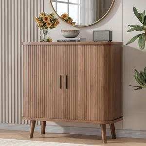 Buffet Cabinet with Storage, Curved-Edge Fluted Storage Cabinet Sideboard, Modern Walnut Sideboard Buffet with Adjustable Shelves & Sliding Door for Dining Room, Kitchen, Entryway Buffet Cabinet with Storage, Curved-Edge Fluted Storage Cabinet Sideboard, Modern Walnut Sideboard Buffet with Adjustable Shelves & Sliding Door for Dining Room, Kitchen, Entryway