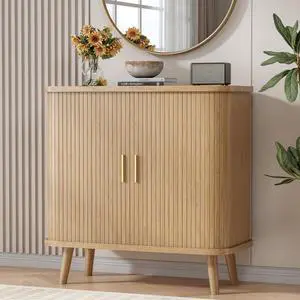 Buffet Cabinet with Storage, Curved-Edge Fluted Storage Cabinet Sideboard, Modern Black Sideboard Buffet with Adjustable Shelves & Sliding Door for Dining Room, Kitchen, Entryway (Oak) Buffet Cabinet with Storage, Curved-Edge Fluted Storage Cabinet Sideboard, Modern Black Sideboard Buffet with Adjustable Shelves & Sliding Door for Dining Room, Kitchen, Entryway (Oak)