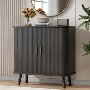 Buffet Cabinet with Storage, Curved-Edge Fluted Storage Cabinet Sideboard, Modern Black Sideboard Buffet with Adjustable Shelves & Sliding Door for Dining Room, Kitchen, Entryway Buffet Cabinet with Storage, Curved-Edge Fluted Storage Cabinet Sideboard, Modern Black Sideboard Buffet with Adjustable Shelves & Sliding Door for Dining Room, Kitchen, Entryway