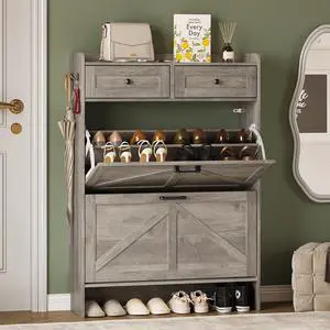Shoe Storage Cabinet for Entryway, Farmhouse Narrow Shoe Cabinet with 2 Flip Drawers & Top Drawers, Adjustable Shelves & Hooks, Freestanding Hidden Rack Organizer for Hallway, Foyer Shoe Storage Cabinet for Entryway, Farmhouse Narrow Shoe Cabinet with 2 Flip Drawers & Top Drawers, Adjustable Shelves & Hooks, Freestanding Hidden Rack Organizer for Hallway, Foyer