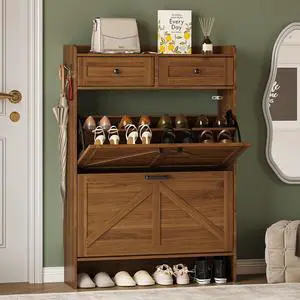 Shoe Storage Cabinet for Entryway, Farmhouse Narrow Shoe Cabinet with 2 Flip Drawers & Top Drawers, Adjustable Shelves & Hooks, Freestanding Hidden Rack Organizer for Hallway, Foyer Shoe Storage Cabinet for Entryway, Farmhouse Narrow Shoe Cabinet with 2 Flip Drawers & Top Drawers, Adjustable Shelves & Hooks, Freestanding Hidden Rack Organizer for Hallway, Foyer