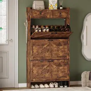 Shoe Storage Cabinet for Entryway, Farmhouse Narrow Shoe Cabinet with 3 Flip Drawers & 2 Top Drawers, Adjustable Shelves & Hooks, Freestanding Hidden Rack Organizer for Hallway, Foyer Shoe Storage Cabinet for Entryway, Farmhouse Narrow Shoe Cabinet with 3 Flip Drawers & 2 Top Drawers, Adjustable Shelves & Hooks, Freestanding Hidden Rack Organizer for Hallway, Foyer
