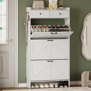 Shoe Storage Cabinet for Entryway, Farmhouse Narrow Shoe Cabinet with 3 Flip Drawers & 2 Top Drawers, Adjustable Shelves & Hooks, Freestanding Hidden Rack Organizer for Hallway, Foyer Shoe Storage Cabinet for Entryway, Farmhouse Narrow Shoe Cabinet with 3 Flip Drawers & 2 Top Drawers, Adjustable Shelves & Hooks, Freestanding Hidden Rack Organizer for Hallway, Foyer