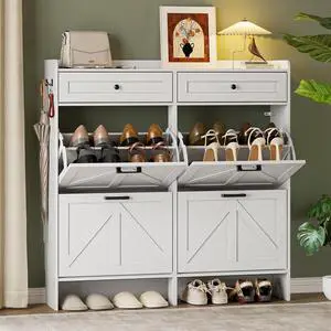 Shoe Storage Cabinet for Entryway, Farmhouse Wide Shoe Cabinet with 4 Flip Drawers and 2 Top Drawers, Freestanding Organizer with Adjustable Shelves, Hooks, and Anti-Tip Kit for Hallway Shoe Storage Cabinet for Entryway, Farmhouse Wide Shoe Cabinet with 4 Flip Drawers and 2 Top Drawers, Freestanding Organizer with Adjustable Shelves, Hooks, and Anti-Tip Kit for Hallway