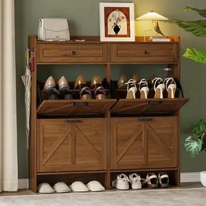 Shoe Storage Cabinet for Entryway, Farmhouse Wide Shoe Cabinet with 4 Flip Drawers and 2 Top Drawers, Freestanding Organizer with Adjustable Shelves, Hooks, and Anti-Tip Kit for Hallway Shoe Storage Cabinet for Entryway, Farmhouse Wide Shoe Cabinet with 4 Flip Drawers and 2 Top Drawers, Freestanding Organizer with Adjustable Shelves, Hooks, and Anti-Tip Kit for Hallway
