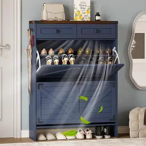 Shoe Cabinet with Odor Control Deodorizer and Back Panel, Farmhouse Narrow Shoe Storage Cabinet Rack for Entryway with 2 Flip Drawers and 2 Top Drawers, Adjustable Shelves, Side Hooks Shoe Cabinet with Odor Control Deodorizer and Back Panel, Farmhouse Narrow Shoe Storage Cabinet Rack for Entryway with 2 Flip Drawers and 2 Top Drawers, Adjustable Shelves, Side Hooks