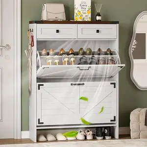 Shoe Cabinet with Odor Control Deodorizer and Back Panel, Farmhouse Narrow Shoe Storage Cabinet Rack for Entryway with 2 Flip Drawers and 2 Top Drawers, Adjustable Shelves, Side Hooks Shoe Cabinet with Odor Control Deodorizer and Back Panel, Farmhouse Narrow Shoe Storage Cabinet Rack for Entryway with 2 Flip Drawers and 2 Top Drawers, Adjustable Shelves, Side Hooks
