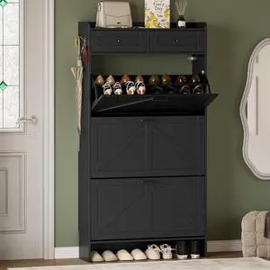 Shoe Storage Cabinet for Entryway, Farmhouse Narrow Shoe Cabinet with 3 Flip Drawers & 2 Top Drawers, Adjustable Shelves & Hooks, Freestanding Hidden Rack Organizer for Hallway, Foyer Shoe Storage Cabinet for Entryway, Farmhouse Narrow Shoe Cabinet with 3 Flip Drawers & 2 Top Drawers, Adjustable Shelves & Hooks, Freestanding Hidden Rack Organizer for Hallway, Foyer
