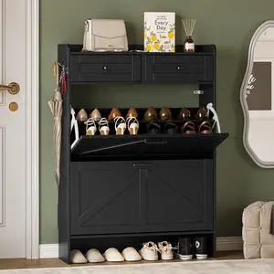 Shoe Storage Cabinet for Entryway, Farmhouse Narrow Shoe Cabinet with 2 Flip Drawers & Top Drawers, Adjustable Shelves & Hooks, Freestanding Hidden Rack Organizer for Hallway, Foyer Shoe Storage Cabinet for Entryway, Farmhouse Narrow Shoe Cabinet with 2 Flip Drawers & Top Drawers, Adjustable Shelves & Hooks, Freestanding Hidden Rack Organizer for Hallway, Foyer