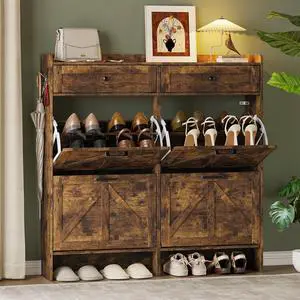Shoe Storage Cabinet for Entryway, Farmhouse Wide Shoe Cabinet with 4 Flip Drawers and 2 Top Drawers, Freestanding Organizer with Adjustable Shelves, Hooks, and Anti-Tip Kit for Hallway Shoe Storage Cabinet for Entryway, Farmhouse Wide Shoe Cabinet with 4 Flip Drawers and 2 Top Drawers, Freestanding Organizer with Adjustable Shelves, Hooks, and Anti-Tip Kit for Hallway