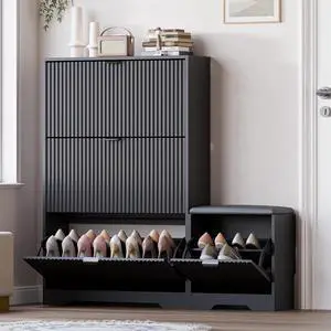 Slim Shoe Cabinet with Bench for Entryway, Hidden Storage and Adjustable Shelves, Free Standing Wooden Shoes Organizer for Hallway, Foyer Slim Shoe Cabinet with Bench for Entryway, Hidden Storage and Adjustable Shelves, Free Standing Wooden Shoes Organizer for Hallway, Foyer