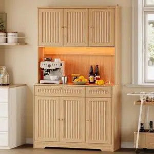 Pantry Cabinet with Charging Station and Light, Tall Kitchen Pantry Storage Cabinet with Microwave Stand, Wide Fluted Kitchen Hutch with Storage Drawers and Adjustable Shelves for Dining Room Pantry Cabinet with Charging Station and Light, Tall Kitchen Pantry Storage Cabinet with Microwave Stand, Wide Fluted Kitchen Hutch with Storage Drawers and Adjustable Shelves for Dining Room