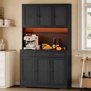 Pantry Cabinet with Charging Station and Light, Tall Kitchen Pantry Storage Cabinet with Microwave Stand, Wide Fluted Kitchen Hutch with Storage Drawers and Adjustable Shelves for Dining Room Pantry Cabinet with Charging Station and Light, Tall Kitchen Pantry Storage Cabinet with Microwave Stand, Wide Fluted Kitchen Hutch with Storage Drawers and Adjustable Shelves for Dining Room