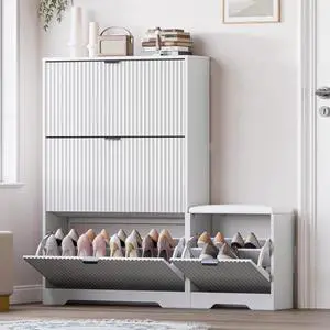 Slim Shoe Cabinet with Bench for Entryway, Hidden Storage and Adjustable Shelves, Free Standing Wooden Shoes Organizer for Foyer, Hallway Slim Shoe Cabinet with Bench for Entryway, Hidden Storage and Adjustable Shelves, Free Standing Wooden Shoes Organizer for Foyer, Hallway