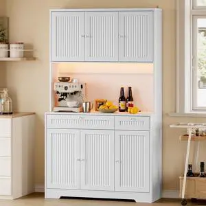 Pantry Cabinet with Charging Station and Light, Tall Kitchen Pantry Storage Cabinet with Microwave Stand, Wide Fluted Kitchen Hutch with Storage Drawers and Adjustable Shelves for Dining Room Pantry Cabinet with Charging Station and Light, Tall Kitchen Pantry Storage Cabinet with Microwave Stand, Wide Fluted Kitchen Hutch with Storage Drawers and Adjustable Shelves for Dining Room