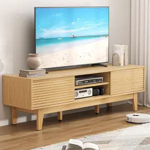 TV Stand for 65 Inch TV, Modern Fluted Entertainment Center TV Console with Storage, Sliding Door Media Console, Wood TV Cabinet for Living Room, Bedroom TV Stand for 65 Inch TV, Modern Fluted Entertainment Center TV Console with Storage, Sliding Door Media Console, Wood TV Cabinet for Living Room, Bedroom