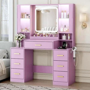 Vanity Desk with Mirror and Lights, Makeup Vanity with 7 Drawers, 2 Glass Door Cabinets, Charging Station, Adjustable Shelves, RGB Lighting, Holder Vanity Desk with Mirror and Lights, Makeup Vanity with 7 Drawers, 2 Glass Door Cabinets, Charging Station, Adjustable Shelves, RGB Lighting, Holder