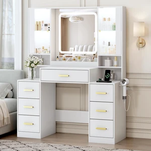 Vanity Desk with Mirror and Lights, Makeup Vanity with 7 Drawers, 2 Glass Door Cabinets, Charging Station, Adjustable Shelves, RGB Lighting, Holder Vanity Desk with Mirror and Lights, Makeup Vanity with 7 Drawers, 2 Glass Door Cabinets, Charging Station, Adjustable Shelves, RGB Lighting, Holder