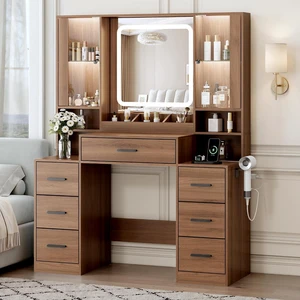 Vanity Desk with Mirror and Lights, Makeup Vanity with 7 Drawers, 2 Glass Door Cabinets, Charging Station, Adjustable Shelves, RGB Lighting, Holder Vanity Desk with Mirror and Lights, Makeup Vanity with 7 Drawers, 2 Glass Door Cabinets, Charging Station, Adjustable Shelves, RGB Lighting, Holder