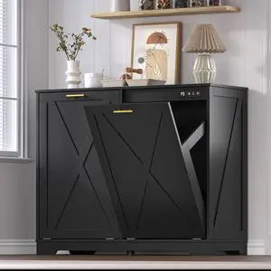 Tilt Out Trash Can Cabinet for 2 Bins, Hidden Recycle Garbage Bin Enclosure, Wooden Double Laundry Cabinet with Odor Control, Negative Ion & Ozone, for Kitchen, Bathroom, Laundry Room Tilt Out Trash Can Cabinet for 2 Bins, Hidden Recycle Garbage Bin Enclosure, Wooden Double Laundry Cabinet with Odor Control, Negative Ion & Ozone, for Kitchen, Bathroom, Laundry Room