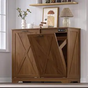 Tilt Out Trash Can Cabinet for 2 Bins, Hidden Recycle Garbage Bin Enclosure, Wooden Double Laundry Cabinet with Odor Control, Negative Ion & Ozone, for Kitchen, Bathroom, Laundry Room Tilt Out Trash Can Cabinet for 2 Bins, Hidden Recycle Garbage Bin Enclosure, Wooden Double Laundry Cabinet with Odor Control, Negative Ion & Ozone, for Kitchen, Bathroom, Laundry Room