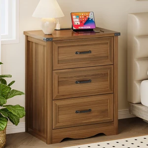 Night Stand with Charging Station, Wave Base Bedside Table Dresser with Metal Handles, Sturdy Wooden End Side Table Storage Cabinet with Anti-Tipping Design for Bedroom Night Stand with Charging Station, Wave Base Bedside Table Dresser with Metal Handles, Sturdy Wooden End Side Table Storage Cabinet with Anti-Tipping Design for Bedroom
