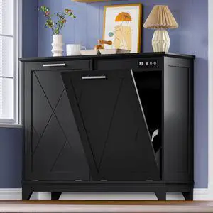 Tilt Out Trash Can Cabinet for 2 Bins, Hidden Recycle Garbage Bin Enclosure, Wooden Double Laundry Cabinet with Odor Control, Negative Ion & Ozone, for Kitchen, Bathroom, Laundry Room Tilt Out Trash Can Cabinet for 2 Bins, Hidden Recycle Garbage Bin Enclosure, Wooden Double Laundry Cabinet with Odor Control, Negative Ion & Ozone, for Kitchen, Bathroom, Laundry Room