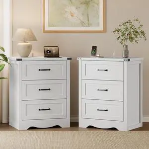 Night Stand Set of 2, 3 Drawers Bedside Table Dresser with Charging Station, Sturdy Wooden End Side Table Storage Cabinet with Anti-Tipping Design for Bedroom Night Stand Set of 2, 3 Drawers Bedside Table Dresser with Charging Station, Sturdy Wooden End Side Table Storage Cabinet with Anti-Tipping Design for Bedroom