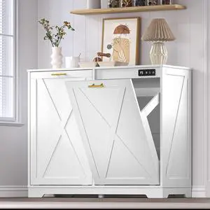 Tilt Out Trash Can Cabinet for 2 Bins, Hidden Recycle Garbage Bin Enclosure, Wooden Double Laundry Cabinet with Odor Control, Negative Ion & Ozone, for Kitchen, Bathroom, Laundry Room Tilt Out Trash Can Cabinet for 2 Bins, Hidden Recycle Garbage Bin Enclosure, Wooden Double Laundry Cabinet with Odor Control, Negative Ion & Ozone, for Kitchen, Bathroom, Laundry Room