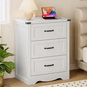 Night Stand with Charging Station, Wave Base Bedside Table Dresser with Metal Handles, Sturdy Wooden End Side Table Storage Cabinet with Anti-Tipping Design for Bedroom Night Stand with Charging Station, Wave Base Bedside Table Dresser with Metal Handles, Sturdy Wooden End Side Table Storage Cabinet with Anti-Tipping Design for Bedroom