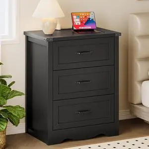 Night Stand with Charging Station, Wave Base Bedside Table Dresser with Metal Handles, Sturdy Wooden End Side Table Storage Cabinet with Anti-Tipping Design for Bedroom Night Stand with Charging Station, Wave Base Bedside Table Dresser with Metal Handles, Sturdy Wooden End Side Table Storage Cabinet with Anti-Tipping Design for Bedroom