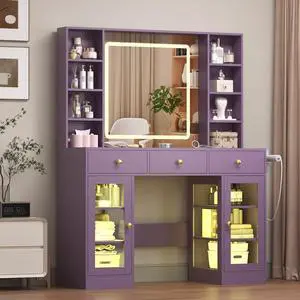 Vanity Desk with Mirror and Lights, Purple Makeup Vanity with Glass Top & Drawers, 3 Lighting Modes, Power Outlet, RGB Glass Cabinets, Modern Dressing Table for Girls, Women, Teens Vanity Desk with Mirror and Lights, Purple Makeup Vanity with Glass Top & Drawers, 3 Lighting Modes, Power Outlet, RGB Glass Cabinets, Modern Dressing Table for Girls, Women, Teens