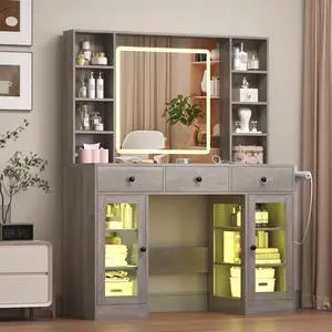 Vanity Desk with Mirror and Lights, White Makeup Vanity with Glass Top & Drawers, 3 Lighting Modes, Power Outlet, RGB Glass Cabinets, Modern Dressing Table for Girls, Women, Teens Vanity Desk with Mirror and Lights, White Makeup Vanity with Glass Top & Drawers, 3 Lighting Modes, Power Outlet, RGB Glass Cabinets, Modern Dressing Table for Girls, Women, Teens