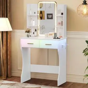Vanity Desk with Mirror and Lights, Small Makeup Vanity Desk with Charging Station, Bedroom Vanity Table with Drawers, Storage Shelves, RGB Ambient Light and Hair Dryer Holder Vanity Desk with Mirror and Lights, Small Makeup Vanity Desk with Charging Station, Bedroom Vanity Table with Drawers, Storage Shelves, RGB Ambient Light and Hair Dryer Holder