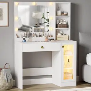 Small Vanity Desk with Mirror and Lights, Makeup Vanity Desk with Adjustable Brightness 3 Light Modes, RGB Storage Cabinet, Power Outlet, Drawer, Shelves, Vanity Table for Women Girls Bedroom Small Vanity Desk with Mirror and Lights, Makeup Vanity Desk with Adjustable Brightness 3 Light Modes, RGB Storage Cabinet, Power Outlet, Drawer, Shelves, Vanity Table for Women Girls Bedroom