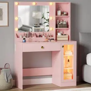 Small Vanity Desk with Mirror and Lights, Makeup Vanity Desk with Adjustable Brightness 3 Light Modes, RGB Storage Cabinet, Power Outlet, Drawer, Shelves Small Vanity Desk with Mirror and Lights, Makeup Vanity Desk with Adjustable Brightness 3 Light Modes, RGB Storage Cabinet, Power Outlet, Drawer, Shelves