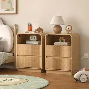 Nightstands Set of 2, Fluted Bedside Table with Charging Station, Round Curved Corner, 2 AC Outlets and 2 USB Ports, Modern Wood End Table with Open Shelf for Bedroom Nightstands Set of 2, Fluted Bedside Table with Charging Station, Round Curved Corner, 2 AC Outlets and 2 USB Ports, Modern Wood End Table with Open Shelf for Bedroom