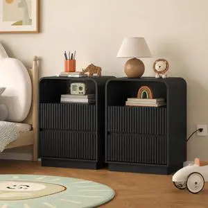 Nightstands Set of 2, Fluted Bedside Table with Charging Station, Round Curved Corner, 2 AC Outlets and 2 USB Ports, Modern Wood End Table with Open Shelf for Bedroom Nightstands Set of 2, Fluted Bedside Table with Charging Station, Round Curved Corner, 2 AC Outlets and 2 USB Ports, Modern Wood End Table with Open Shelf for Bedroom