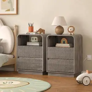 Nightstands Set of 2, Fluted Bedside Table with Charging Station, Round Curved Corner, 2 AC Outlets and 2 USB Ports, Modern Wood End Table with Open Shelf for Bedroom Nightstands Set of 2, Fluted Bedside Table with Charging Station, Round Curved Corner, 2 AC Outlets and 2 USB Ports, Modern Wood End Table with Open Shelf for Bedroom