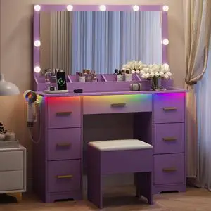 Makeup Vanity with Large Lighted Mirror and Chair, 7 Drawers Vanity Makeup Desk Table with Power Strip, Adjustable Lighting, and Cushioned Storage Stool for Women, Girls Makeup Vanity with Large Lighted Mirror and Chair, 7 Drawers Vanity Makeup Desk Table with Power Strip, Adjustable Lighting, and Cushioned Storage Stool for Women, Girls
