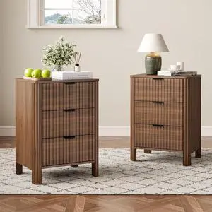 Fluted Nightstands Set of 2 with 3 Drawers, 19.69 Inch Each Wood Bedside Tables, Modern Side Tables for Bedroom Fluted Nightstands Set of 2 with 3 Drawers, 19.69 Inch Each Wood Bedside Tables, Modern Side Tables for Bedroom