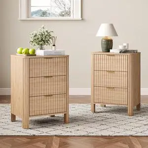 Fluted Nightstands Set of 2 with 3 Drawers, 19.69 Inch Each Wood Bedside Tables, Modern Side Tables for Bedroom Fluted Nightstands Set of 2 with 3 Drawers, 19.69 Inch Each Wood Bedside Tables, Modern Side Tables for Bedroom