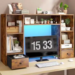 Desktop Bookshelf with LED Lights,47.2" Desktop Organizer with 6 Shelves and 2 Drawers for Top of Desk,Multipurpose Desk Hutch Dorm with Adjustable Shelves for Home and Office,Rustic Brown Desktop Bookshelf with LED Lights,47.2" Desktop Organizer with 6 Shelves and 2 Drawers for Top of Desk,Multipurpose Desk Hutch Dorm with Adjustable Shelves for Home and Office,Rustic Brown