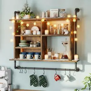 4-Tier Industrial Pipe Wall-Mounted Shelf, 37.4" Large Capacity Floating Shelves with Dimmable RGB LED & Adjustable Shelves Plus Under Hanging Hooks for Kitchen Living Room Bar, Rustic Brown 4-Tier Industrial Pipe Wall-Mounted Shelf, 37.4" Large Capacity Floating Shelves with Dimmable RGB LED & Adjustable Shelves Plus Under Hanging Hooks for Kitchen Living Room Bar, Rustic Brown