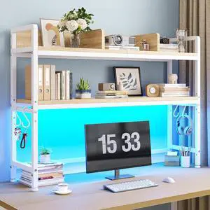 2-Tier Desk Shelf with LED for Bedroom and Home Office, White | Students & Renters, Wood & Steel, Holds 44 lbs & 33 lbs per Tier, Adjustable Shelf, Anti-tip & 4 Hooks 2-Tier Desk Shelf with LED for Bedroom and Home Office, White | Students & Renters, Wood & Steel, Holds 44 lbs & 33 lbs per Tier, Adjustable Shelf, Anti-tip & 4 Hooks